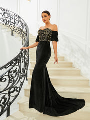 Off Shoulder Velvet Evening Dress WY104