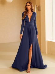 V Neck Long Sleeve A Line Maxi Evening Dress XH1221