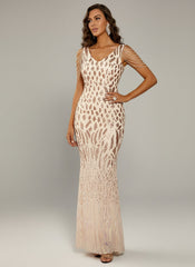 Elegant Ombre V-Neck Beaded Sleeve Mermaid Formal Gown M02100