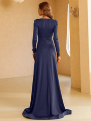 V Neck Long Sleeve A Line Maxi Evening Dress XH1221