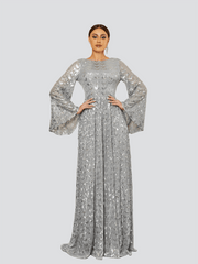 Silver Sequin Bell Sleeve Backless Maxi Evening Dress RM20603