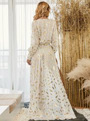 Surplice Neck Belted Split Thigh Gold Maxi Dress FT2858