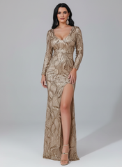 Formal Long Sleeve Gold Sequin Prom Dress M01970