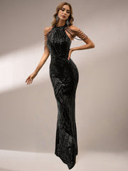 Cold Shoulder Beads Chain Cocktail Dress M01081