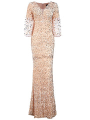 V Neck Lantern Sleeve Sequin Maxi Evening Dress XH2184