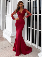 Elegant Long Sleeve Embroidered Applique Mermaid Evening Gown M01592