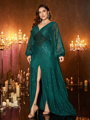 Plus Size A-line Sequin Long Sleeve Dress PRM21107