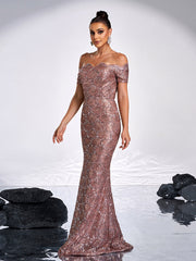 Ruffle Neck Black Sequin Evening Dress JMH3139