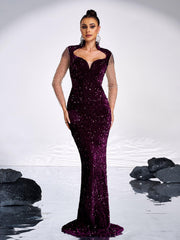Sequin Panel Mesh Sleeve Mermaid Formal Dress GM00635