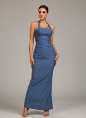 Blue Halter Backless Solid Cocktail Dress SL30066