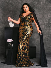 Plus V-neck Cape Sleeve Formal Dress PRX70124