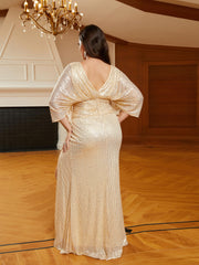 Plus Size V-neck High Split Sequin Gold Prom Dress PRJ10652