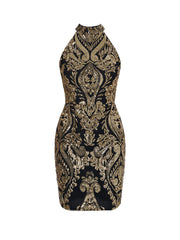Halterneck Damask Sequin Bodycon Mini Dress FT19757