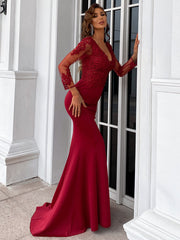 Elegant Long Sleeve Embroidered Applique Mermaid Evening Gown M01592