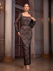 Square Neck Long Sleeve Lace Slit Formal Dress GM00835