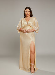 Plus Size V-neck High Split Sequin Gold Prom Dress PRJ10652