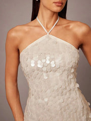 Ivory Sequin Halter Neck Backless Slit Maxi Evening Dress