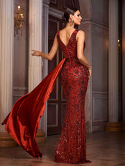 Elegant Drape Satin Embellished Evening Dress RJ12169
