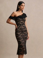 One Shoulder Floral Lace Midi Dress FC25122