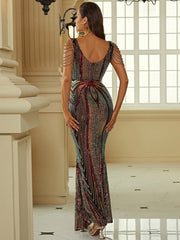 V Neck Elegant Multicolor Maxi Sequin Prom Dress M02092