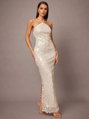 Ivory Sequin Halter Neck Backless Slit Maxi Evening Dress