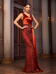 Elegant Drape Satin Embellished Evening Dress RJ12169