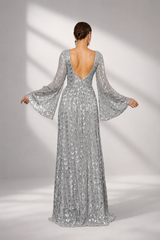 Silver Sequin Bell Sleeve Backless Maxi Evening Dress RM20603