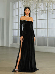 Off Shoulder Split Black Velvet Evening Dress XJ1946