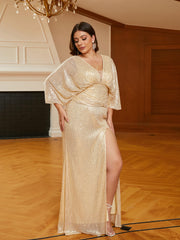 Plus Size V-neck High Split Sequin Gold Prom Dress PRJ10652