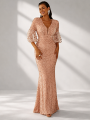 V Neck Lantern Sleeve Sequin Maxi Evening Dress XH2184