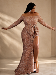 Plus Size Off The Shoulder Bow Knot Split Maxi Evening Dress PXH2122