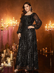Plus Striped Long Sleeve A-line Sequin Dress EGM08