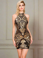 Halterneck Damask Sequin Bodycon Mini Dress FT19757