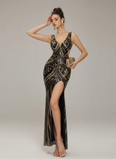 Gold Sequin Graphic Split Cocktail Dress GM00930