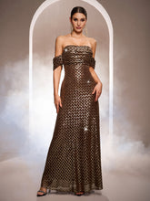 Brown Grid Sequin Off-Shoulder A-line Formal Dress GM010173
