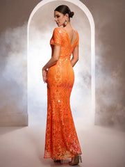 Orange Sequin Embroidered Vibrant Formal Dress GM010191