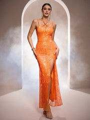 Luxury Orange Sequin Cross Formal Dress GM010192