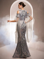 Grey Iridescent Sequin Cold-Shoulder Formal Dress GM010193