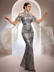 Grey Iridescent Sequin Cold-Shoulder Formal Dress GM010193