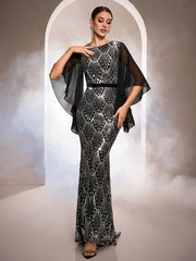 Flowy Cape Sleeves Geometric Sequin Formal Dress GM010195