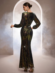 Black Iridescent Sequin Puff Sleeve Formal Dress GM0102