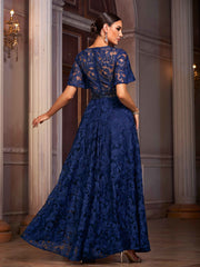 Portia Blue Floral Lace Embroidered Prom Dress