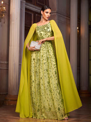 Green Floral Sequin Cape Sleeve Prom Dress GM01067