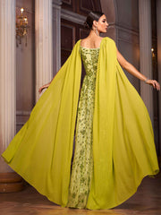Green Floral Sequin Cape Sleeve Prom Dress GM01067