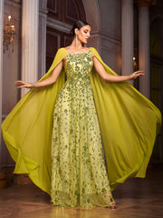 Green Floral Sequin Cape Sleeve Prom Dress GM01067
