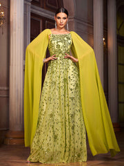 Green Floral Sequin Cape Sleeve Prom Dress GM01067