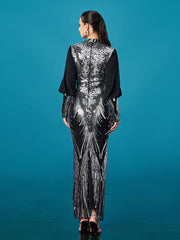 Silver Graphic Sequin Ballon Sleeve Prom Dress M00718