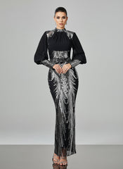 Silver Graphic Sequin Ballon Sleeve Prom Dress M00718