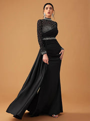 Elegant Mesh Beaded Satin Turtleneck Evening Dress GM90146
