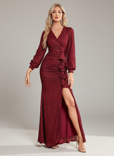 Long Sleeve Glitter Ruffled Prom Dress MCW1038
